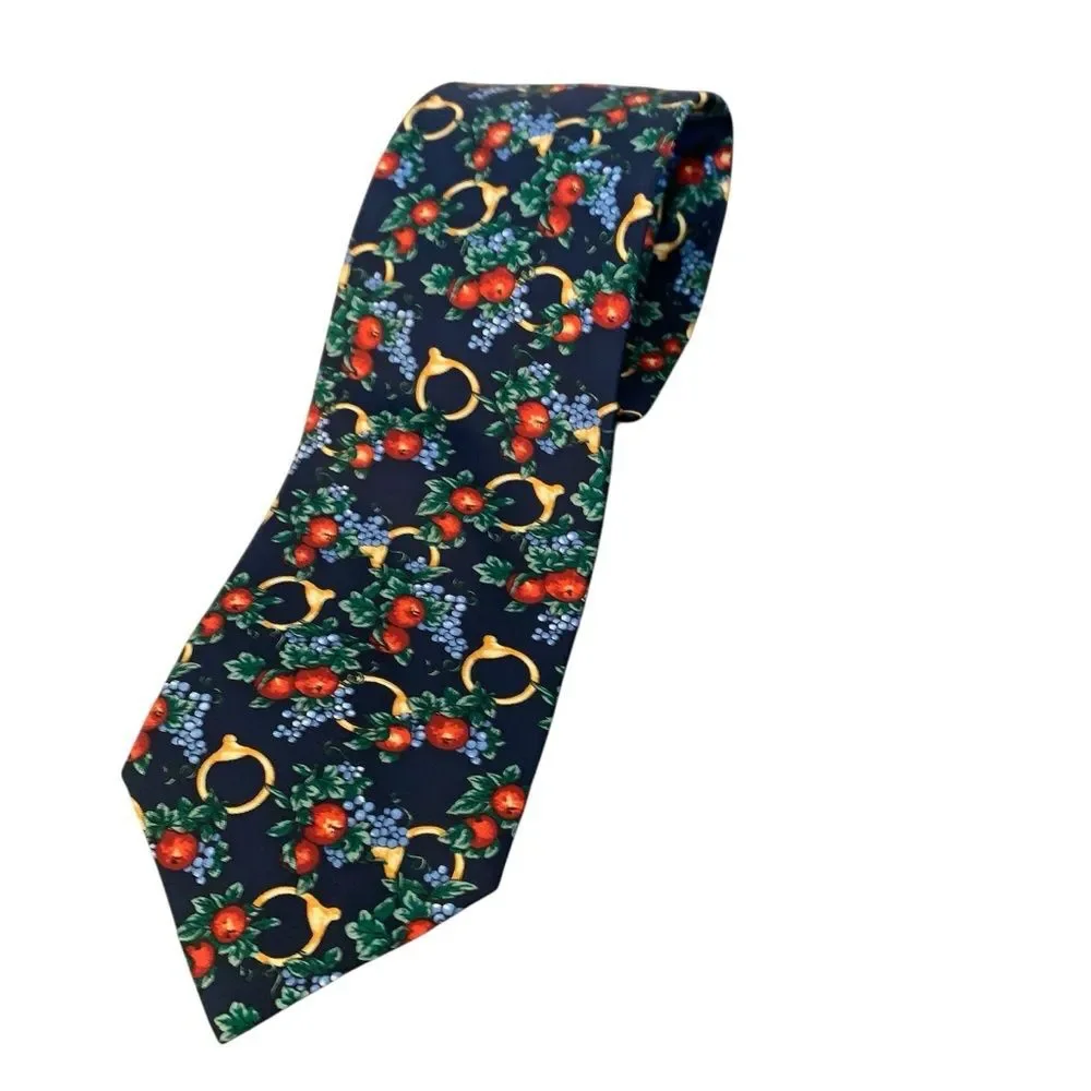 Lancel Paris Silk Floral Fruit Horsebit Stirrup Print Mens Neck Tie Navy Red New
